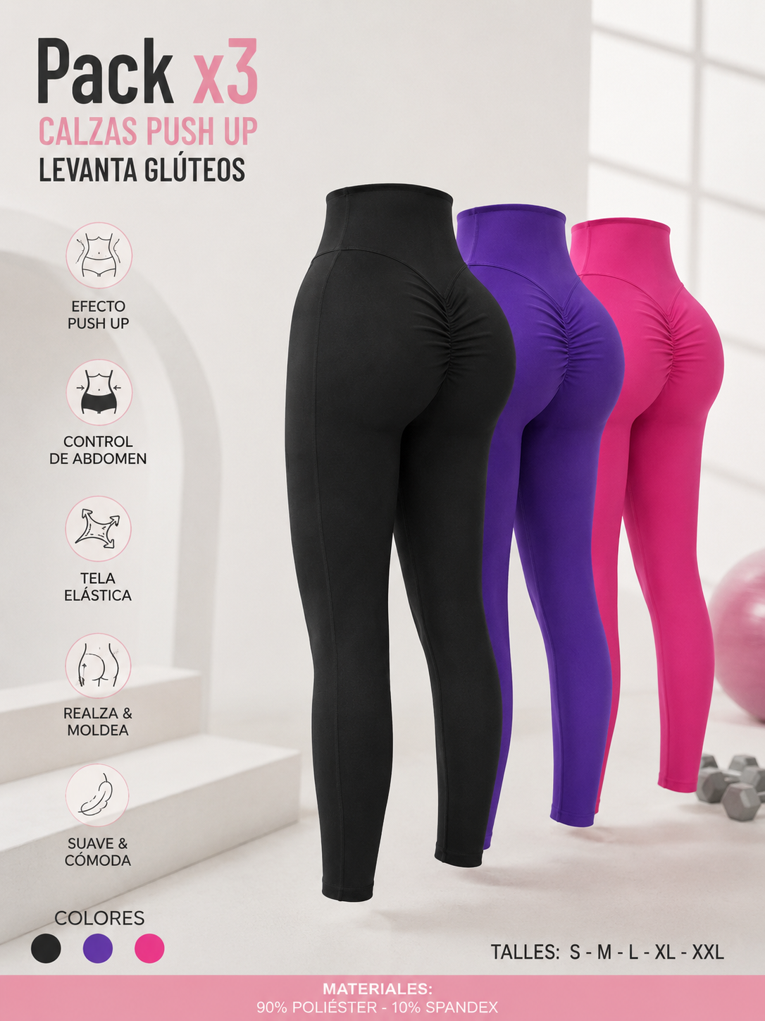 Las 3 calzas Kelora juntas: negro, violeta y rosa